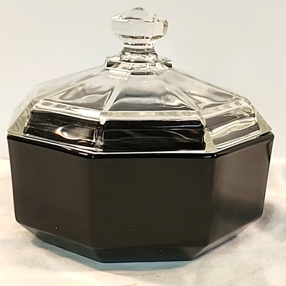 Vtg Arcoroc Octime Black Glass Trinket Candy Dish Sugar Bowl Lid Octagon France